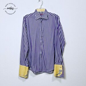 Robert Graham Striped Contrast Cuff Button Up Shirt Purple Yellow Men 151/2 M